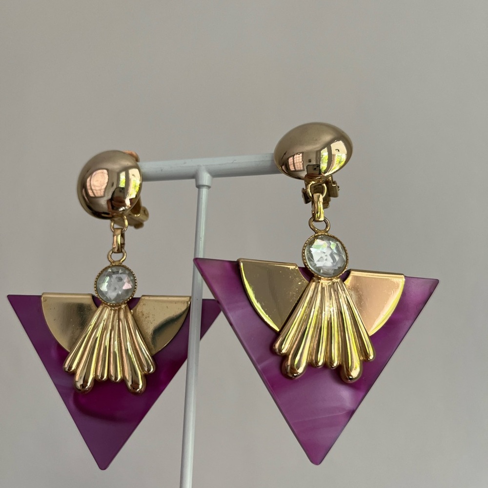 Gold and Purple Geometric Earrings, Vintage Clip